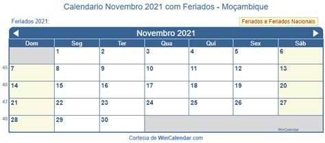 Calendário De Novembro De 2021 Para Impressão Moçambique