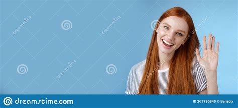 Attractive Confident Redhead Sassy Girl Pure Clean Skin Blue Eyes Tilting Head Cheerfully Waving