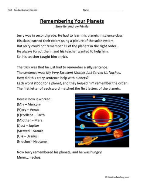 Remembering Your Planets Reading Comprehension Worksheet Have Fun
