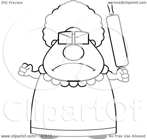 Cartoon Clipart Of A Black And White Plump Granny Waving A Rolling Pin