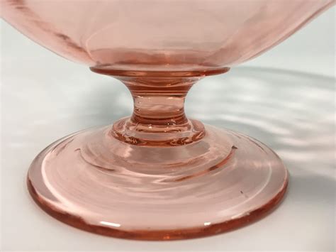 Pink Depression Glass Bowl W Etched Garland And Scalloped Band On Rim Pedestal Fruit Bowl