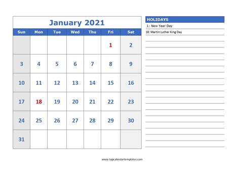 Free January 2021 Calendar Printable Blank Templates Images