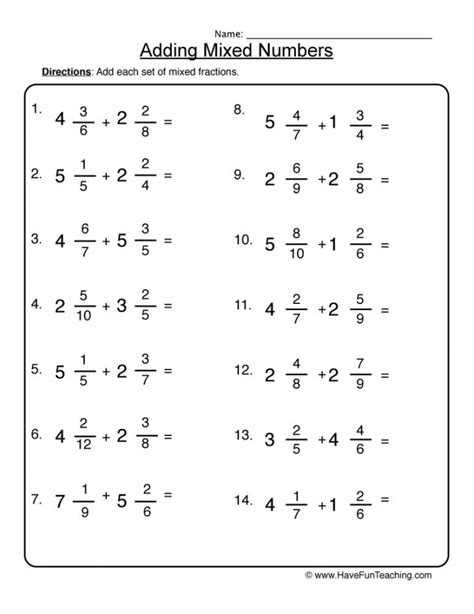 Adding Fractions To Mixed Numbers Worksheet