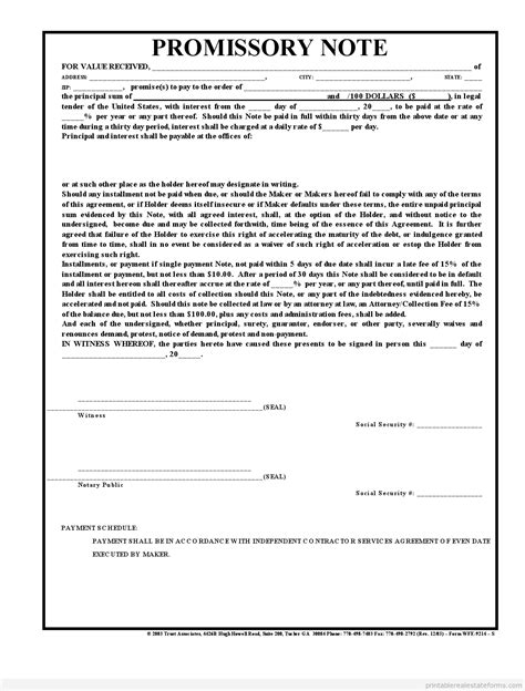 Free Printable Promissory Note Contract Free Printable