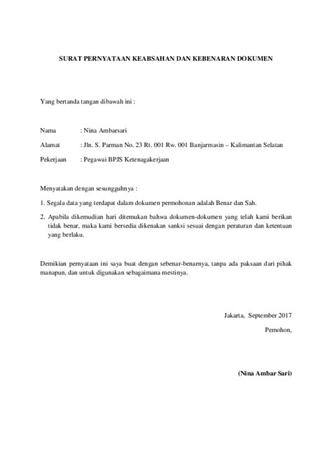 Contoh Surat Pernyataan Kebenaran Dan Keabsahan Dokumen ...