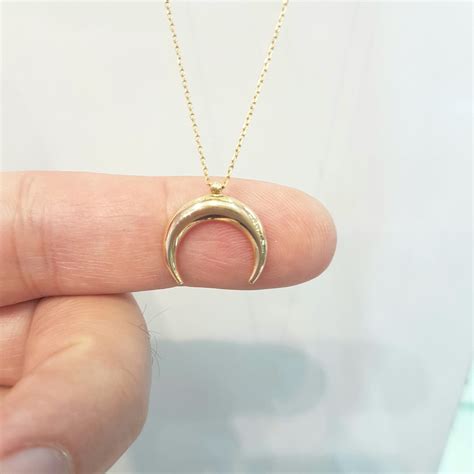 14k Real Solid Gold Crescent Double Horn Moon Pendant Necklace For Women