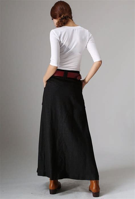 Long Black A Line Skirt Pockets Skirts Linen Skirt Womens Etsy
