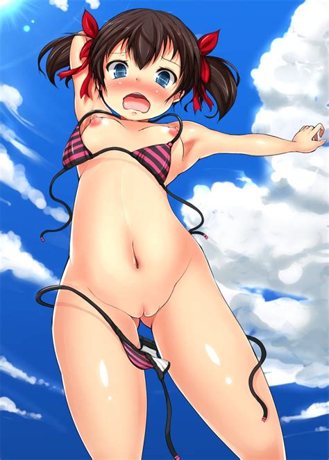 Rule 34 Arms Up Bikini Blue Eyes Blush Breasts Brown Hair Cloud