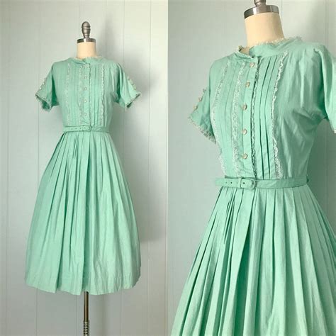 1950s mint green lace trimmed dress 50s short sleeve cotton etsy full skirt dress lace