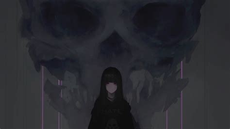 Download 2048x1152 Wallpaper Anime Girl Purple Eyes Dark Skull Dual