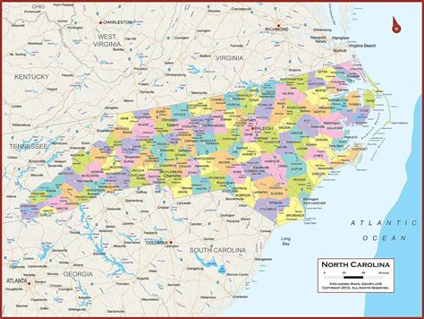 36 X 27 North Carolina State Wall Map Poster With Counties