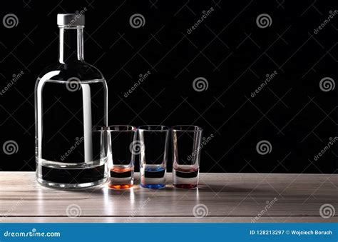 Bottle Of Vodka With Glasses Stock Image Image Of Reflections Three