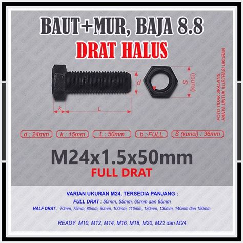 Jual Baut Mur Baja 8 8 M24 X50mm Drat Halus Pitch 1 5 Kunci 36 FULL