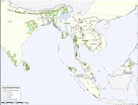 Asian elephant range showing all Confirmed, Possible, and Recoverable