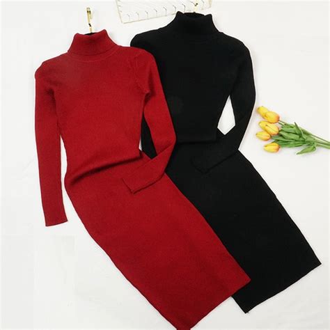 Review For Sale Sweater Dresses Turtleneck Long Sleeve Slim Bodycon