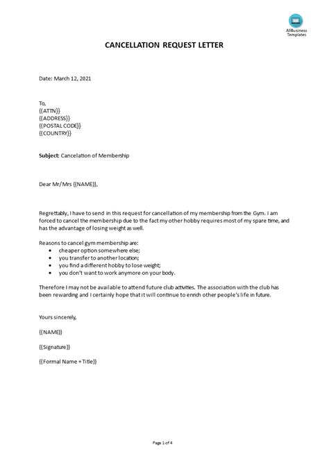 Kostenloses Cancellation Letter Example
