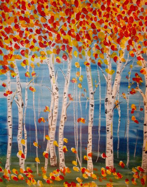 An Acrylic Painting Of Trees With Red And Yellow Leaves