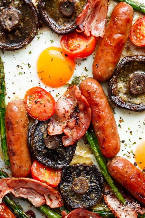 Sheet Pan Full Breakfast Complete With Eggs Bacon Sausages Tomatoes Asparagus And Garlic