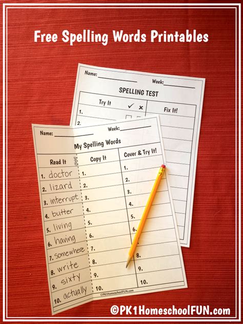 Free Spelling List And Spelling Test Printables Pk1kids