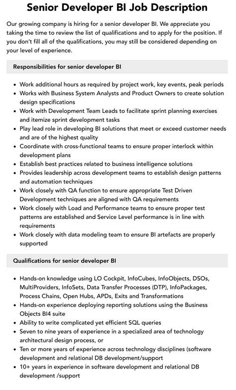 Senior Developer Bi Job Description Velvet Jobs