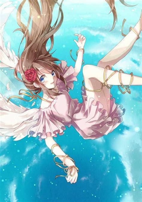 Blue Flower Anime Wings Angel Brown Hair Anime Girl Oc