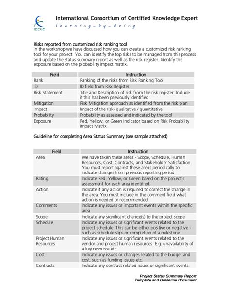 Project Status Summary Report Template And Guideline Document Free Download