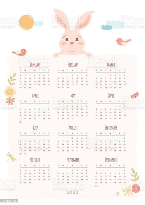 Calendar 2023 One Page Poster With Months Dates And Cute Rabbit Head