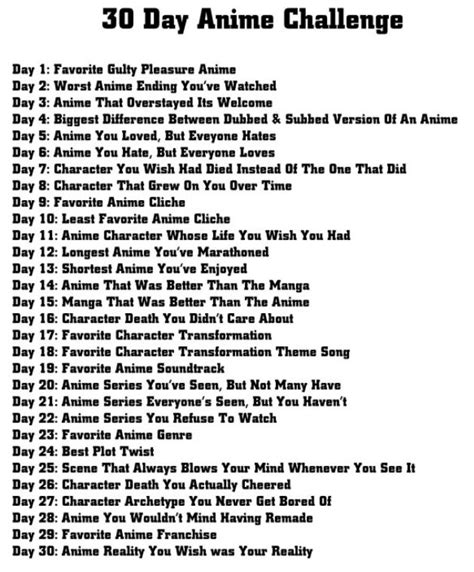 The 30 Day Anime Challenge Is Shown In Black And White With Text On It