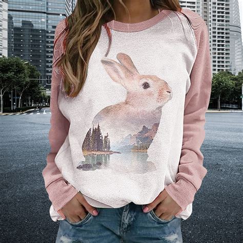 Kawaii Womens Sweatshirt Casual Rabbit Print Long Sleeve Sweatshirts