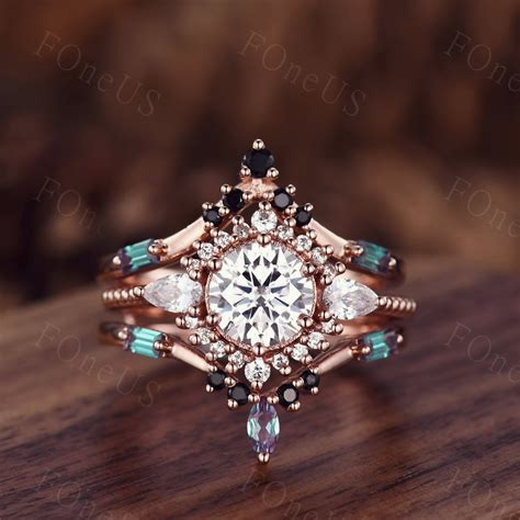 Vintage Moissanite Engagement Ring Set Unique Rose Gold Cluster