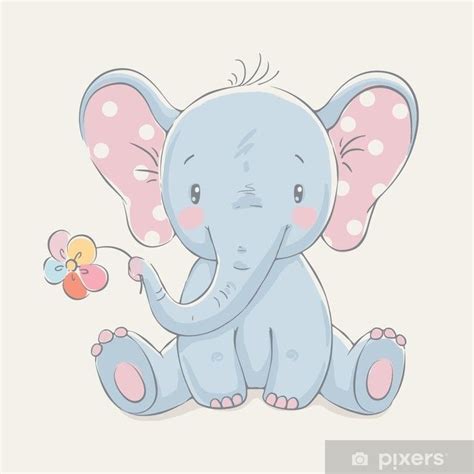 Cute Elephant With A Flower Cartoon Hand Drawn Vector Illustration Can