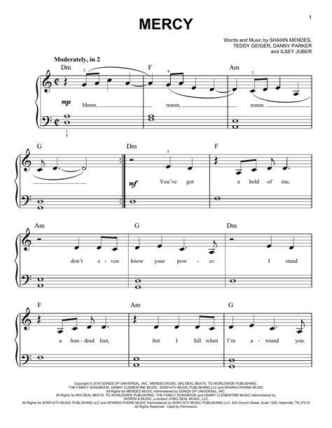 Mercy Sheet Music Shawn Mendes Very Easy Piano