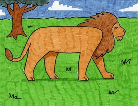 Project a set of lines from the large face circle towards the bottom jaw half circle to act as construction lines 7. How to Draw a Lion · Art Projects for Kids