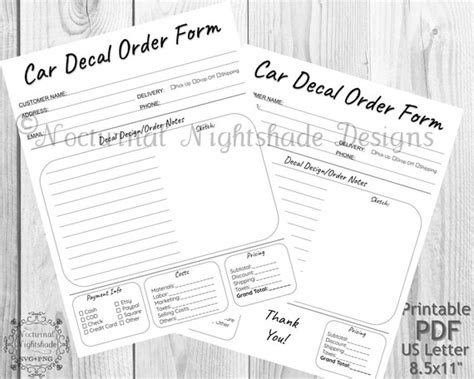 Car Decal Order Form Custom Decal Order Forms Order Form For Etsy
