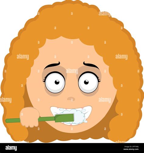 Vector Illustration Face Of A Cartoon Redhead Woman Brushing Her Teeth