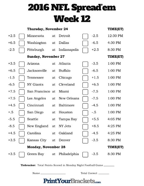 Nfl Week 12 Pick Em Against The Spread Sheets Printable