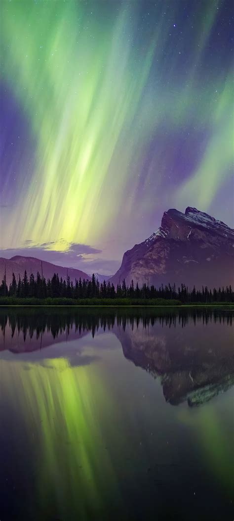 1080x2400 Aurora Borealis Mountains Lake Reflection Banff National Park