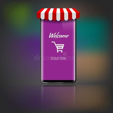 Mobile Phone With Store Or Market Striped Awning And Shopping Icon Or