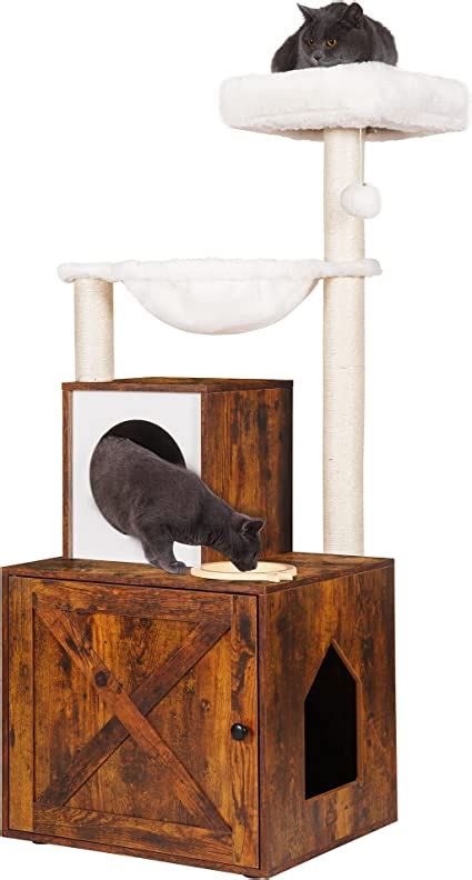 Heybly Cat Tree Wood Litter Box Enclosure With Food Station All In