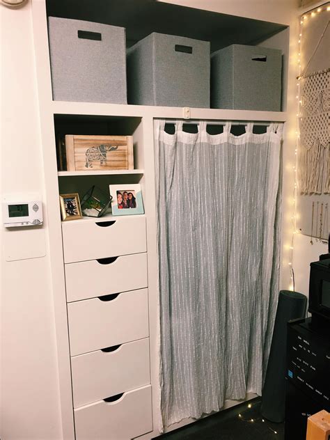 Under and above the bed storage, collapsible closet hangers, a desk organizer, and an over the fridge organizer will keep your dorm room clean and uncluttered. Dorm closet, UC Davis, dorm, dorm room, dorm decoration # ...