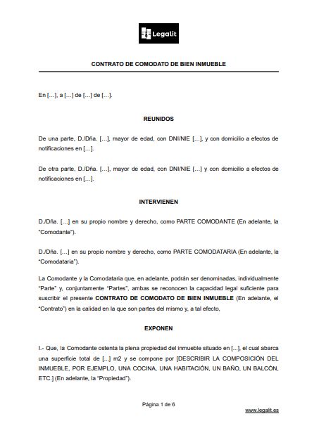 ᐅ Modelo Contrato Comodato Bien Inmueble Uso Gratuito de la Propiedad