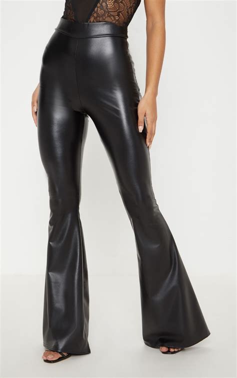 Black Faux Leather Flare Pants Prettylittlething Usa Black Leather