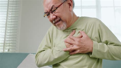 Sad Senior Man Feeling Bad Pain Use Hand Touching Chest Having Heart