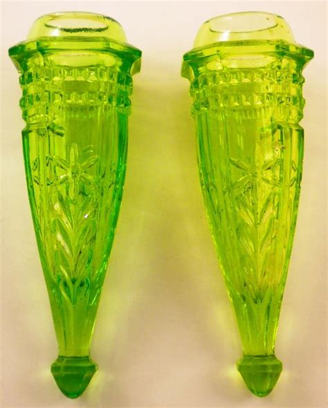 Pair Of Automobile Bud Vases Green Depression Glass