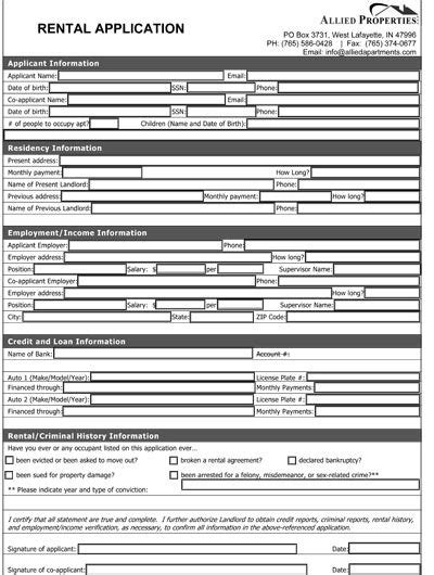 printable sample rental application form  form