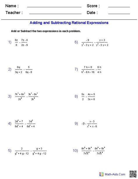 Adding And Subtracting Rational Expressions Worksheet Kidsworksheetfun