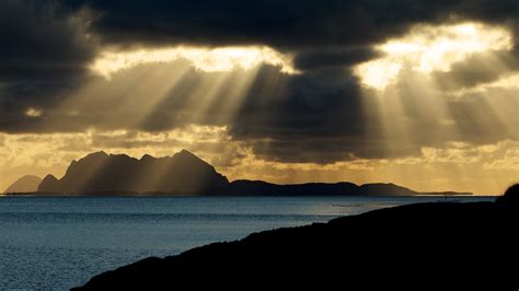 Landscapes Bay Sea Ocean Fjord Clouds Sunset Sunrise Sunlight Beams