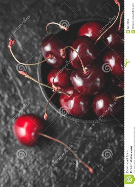 Fresh Ruby Cherries On Black Slate Background Flatlay Dark Moody
