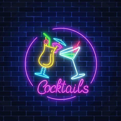 Premium Vector Neon Cocktails Bar Sign In Circle Frame With Lettering
