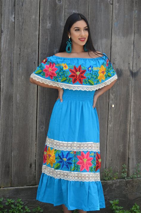 Mexican Blue Wedding Dress Multicolor Embroidered Off Etsy In 2020 Mexican Embroidered Dress